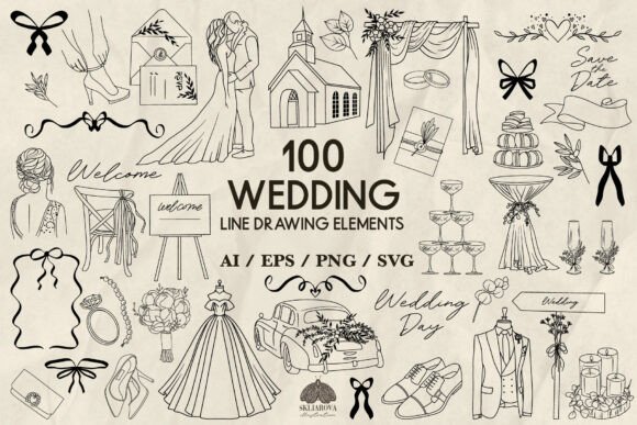 Download Wedding SVG Bundle, Line Drawing Set - Wedding Collection